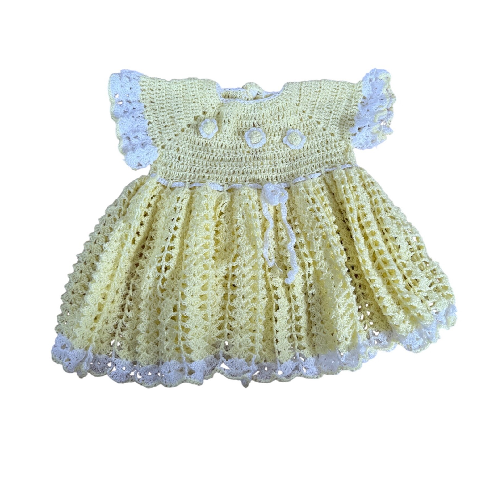 Vintage Handmaid Yellow And White Crochet Little Girls Dress